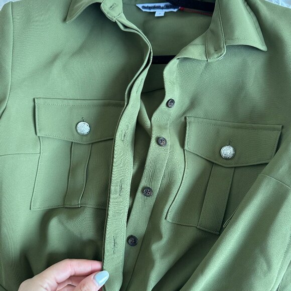 Veronica Beard A-line Shirt Dresss In Army Green Button Front Long Sleeves Front - Picture 3 of 7
